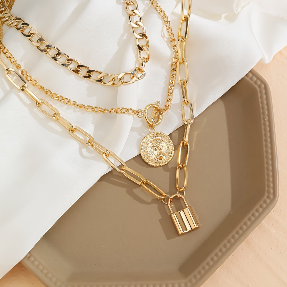 3pcs Vintage Golden Coin Pendant Necklace Set, Simple Alloy Cuban Chain, Women'S Fashion Jewelry for Banquet and Music Festival, Versatile Layering Accessory - All Seasons Compatible